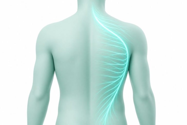 대상포진이 몸의 한쪽 신경을 따라 나타나는 특징을 보여주는 의료 일러스트
