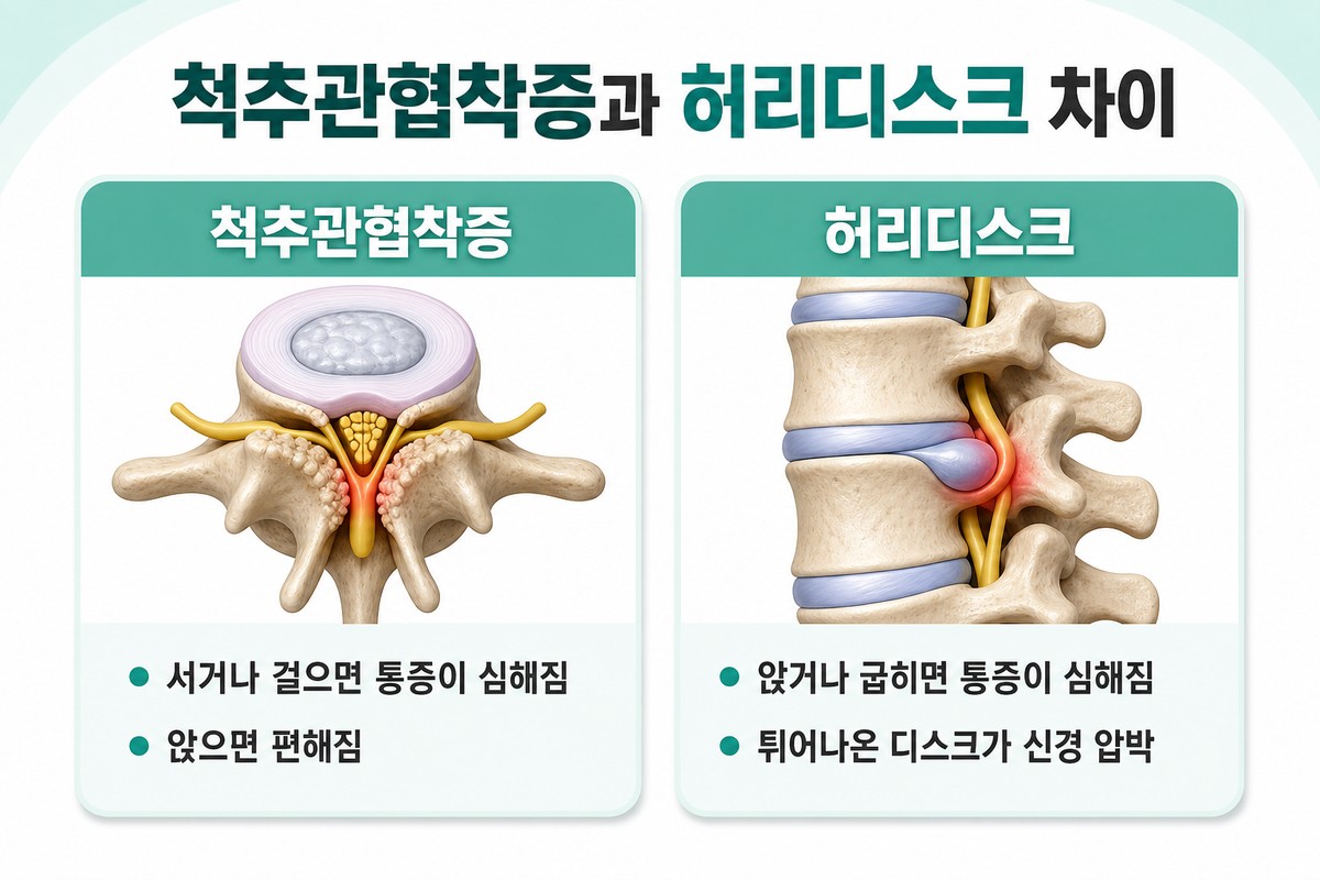 척추관협착증과 허리디스크의 자세별 통증 차이를 비교한 한글 인포그래픽